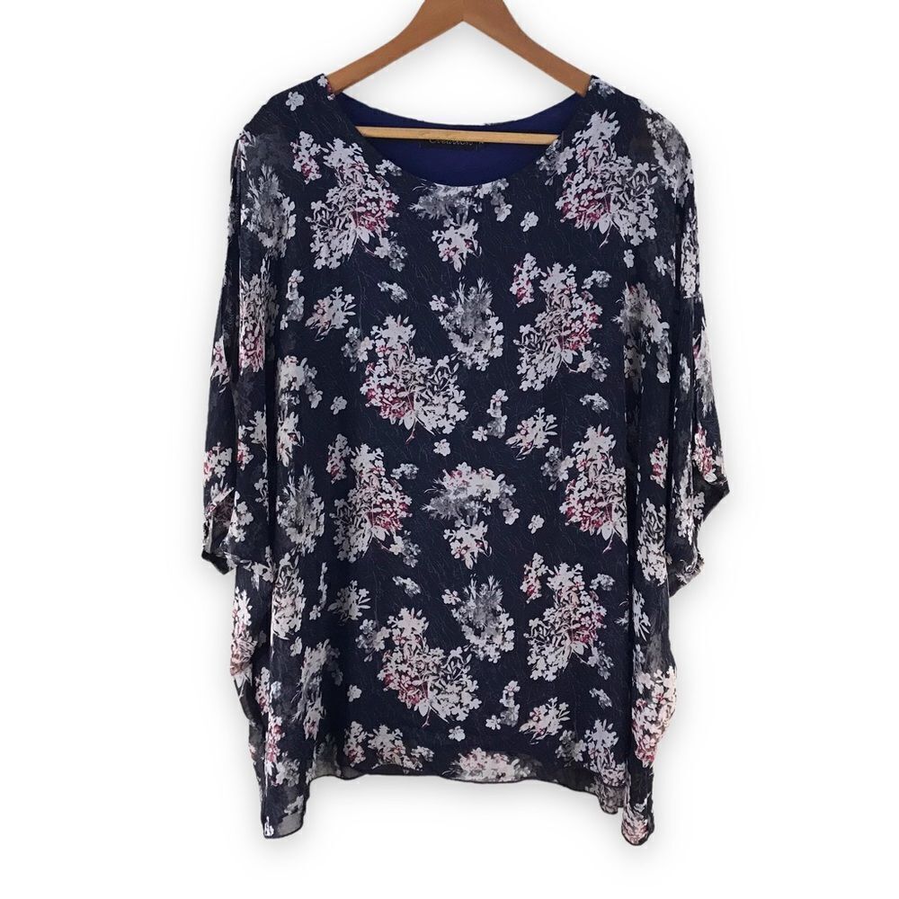 Creation navy floral print kimono blouse size M‎